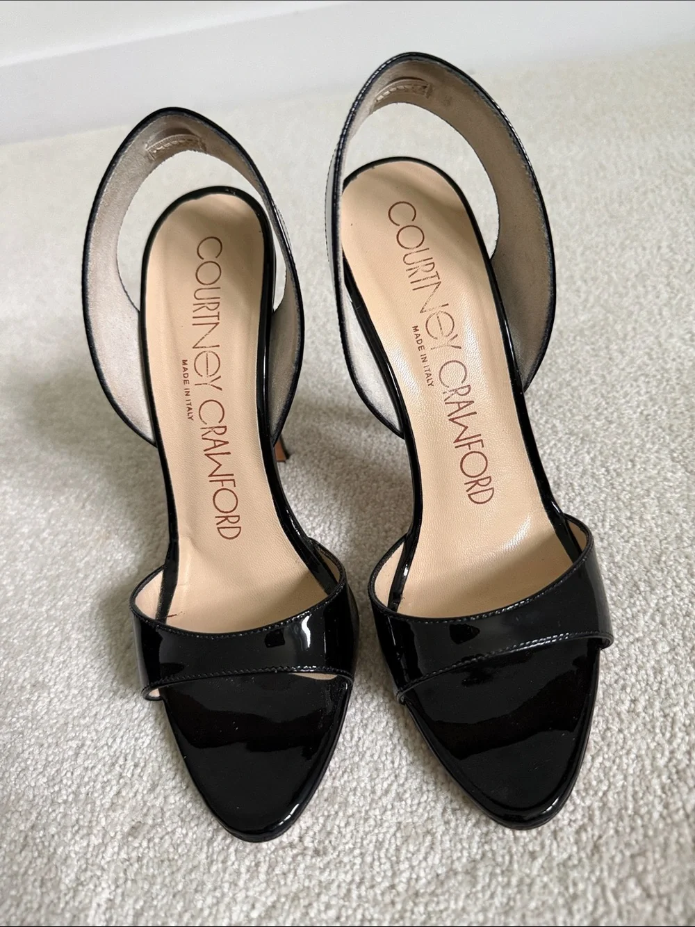 Courtney Crawford Black Patent Leather Open-Toe Heels 1 band sling